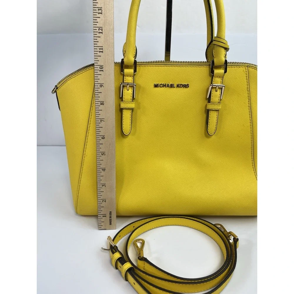 Michael Kors Ciara Large Saffiano Leather Top Zip Satchel Tote Bright Yellow